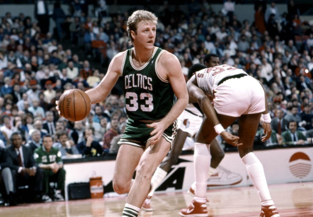 Feb 13, 1987; Portland, OR, USA: FILE PHOTO; Boston Celtics guard Larry Bird (33) in action against the Portland Trailblazers at Memorial Coliseum. Mandatory Credit: USA TODAY Sports