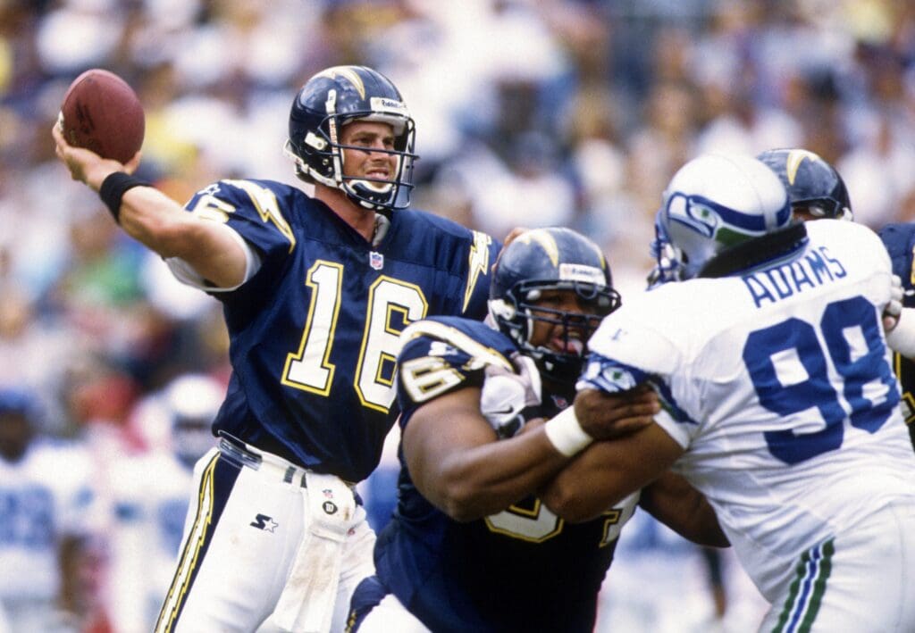 Oct 25, 1998; San Diego, CA, USA; FILE PHOTO; San Diego Chargers quarterback Ryan Leaf (16) in action against the Seattle Seahawks at Jack Murphy Stadium. Mandatory Credit: USA TODAY Sports