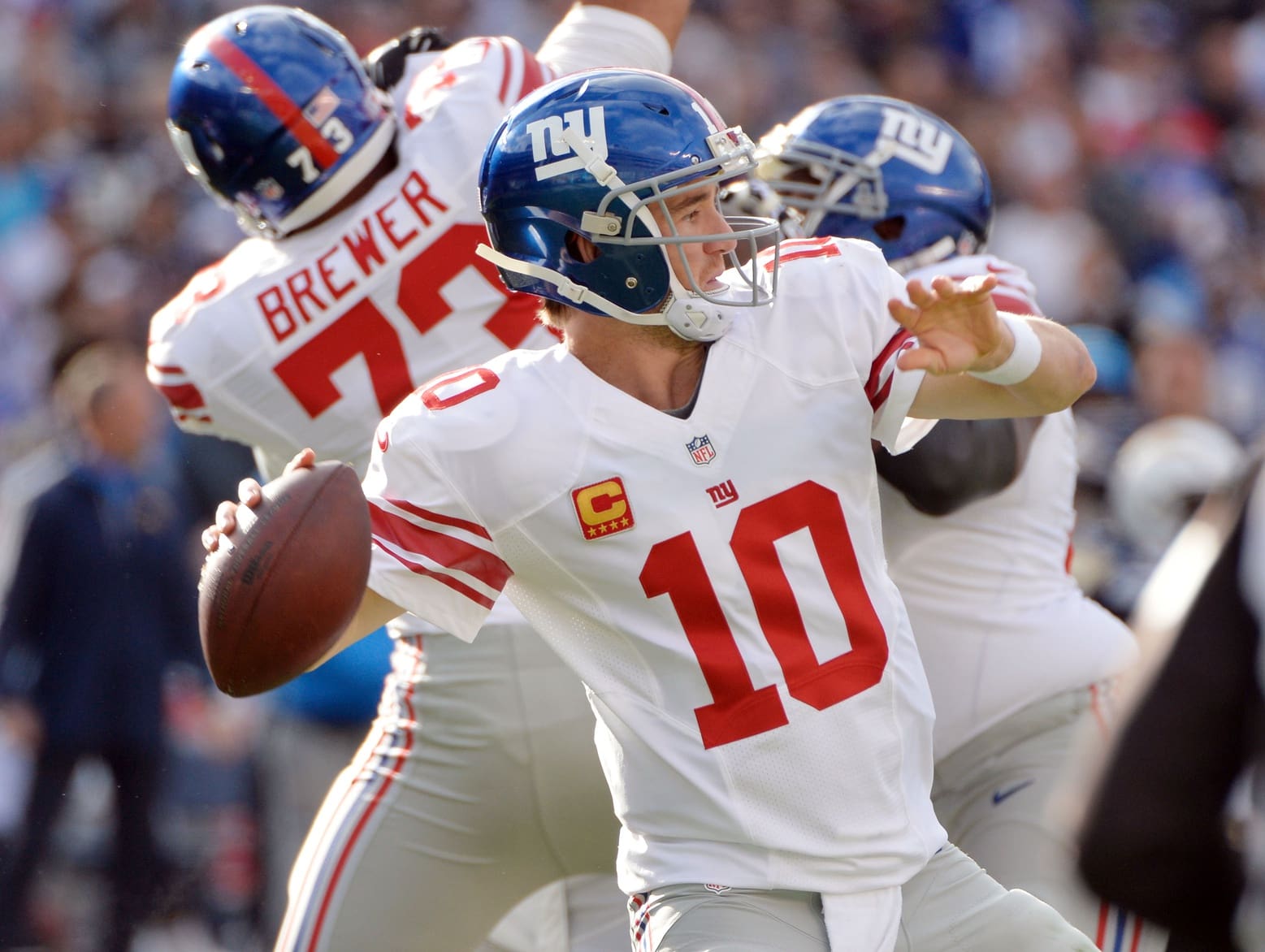 Dec 8, 2013; San Diego, CA, USA; New York Giants quarterback Eli Manning (10) throws a pass during the second quarter against the San Diego Chargers at Qualcomm Stadium. Mandatory Credit: Robert Hanashiro-USA TODAY Sports