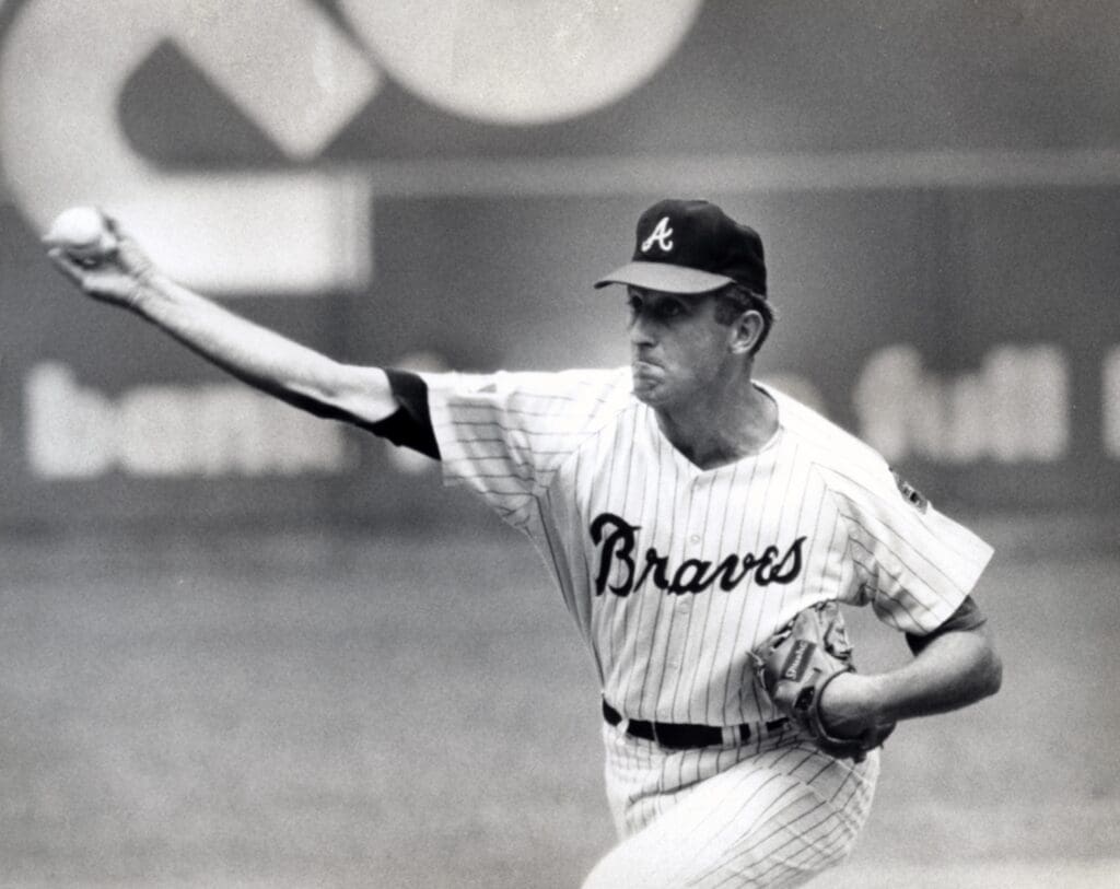 Jun 1968; Unknown location, USA; FILE PHOTO; Atlanta Braves pitcher Phil Niekro in action on the mound during the 1968 season. Mandatory Credit: Malcolm Emmons-USA TODAY Sports