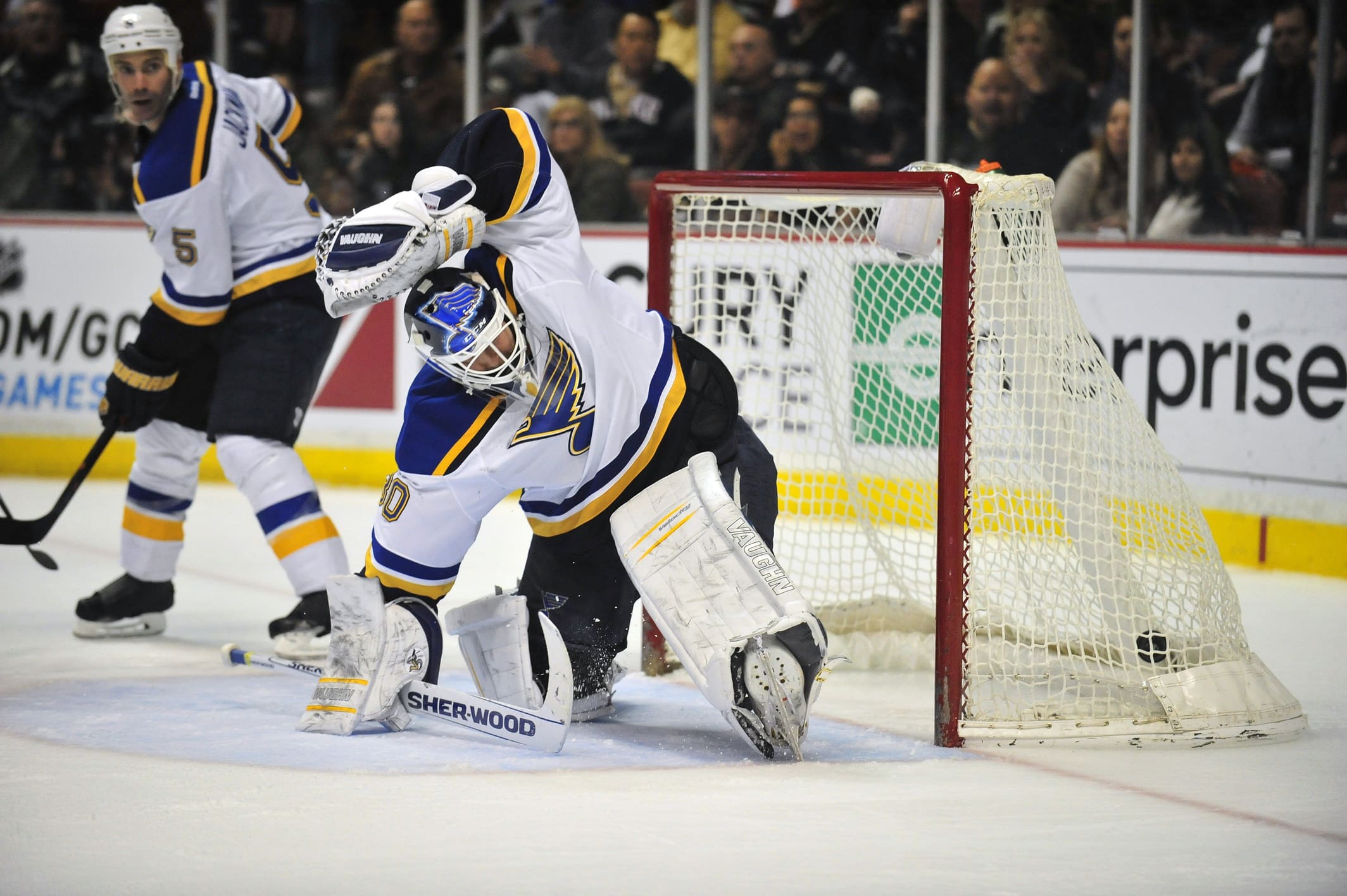 January 2, 2015; Anaheim, CA, USA; St. Louis Blues goalie Martin Brodeur (30) allows a goal scored by Anaheim Ducks center Andrew Cogliano (7) during the second period at Honda Center. Mandatory Credit: Gary A. Vasquez-USA TODAY Sports