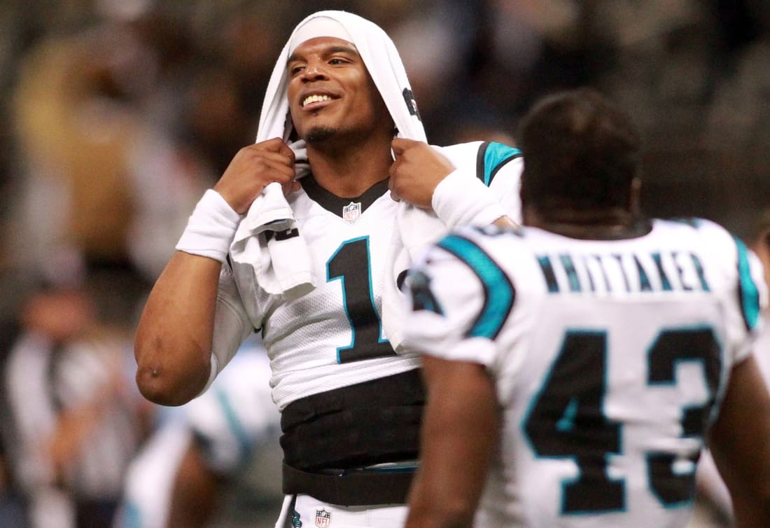 Dec 6, 2015; New Orleans, LA, USA; Carolina Panthers quarterback Cam Newton (1) looks on prior to the game against the New Orleans Saints at the Mercedes-Benz Superdome. Mandatory Credit: Crystal LoGiudice-USA TODAY Sports