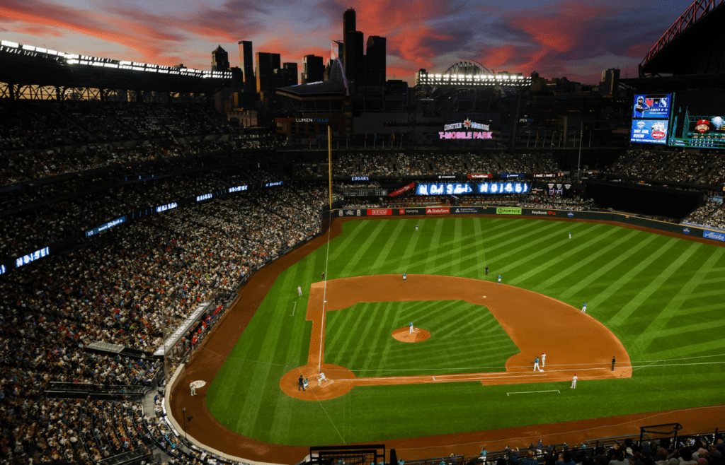 Aug 3, 2024; Seattle, Washington, USA; General view of T-Mobile Park at sunset during the seventh inning of a game between the Philadelphia Phillies and Seattle Mariners . Mandatory Credit: Joe Nicholson-Imagn Images