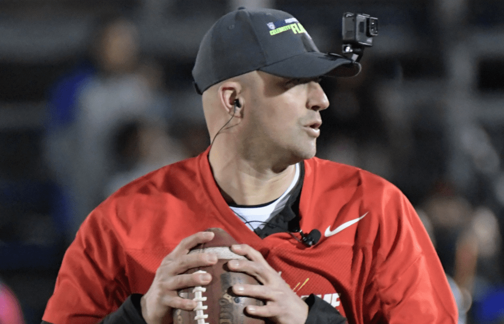 Jan 25, 2019; Kissimmee, FL, USA; Matt Hasselbeck throws a pass during the Play Football Celebrity Flag Game at ESPN Wide World of Sports Complex. Mandatory Credit: Kirby Lee-Imagn Images