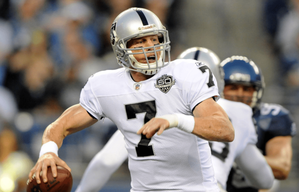 Sep 3, 2009; Seattle, WA, USA; Oakland Raiders quarterback Jeff Garcia (7) throws a pass during the game against the Seattle Seahawks at Qwest Field. Mandatory Credit: Kirby Lee/Image of Sport-Imagn Images