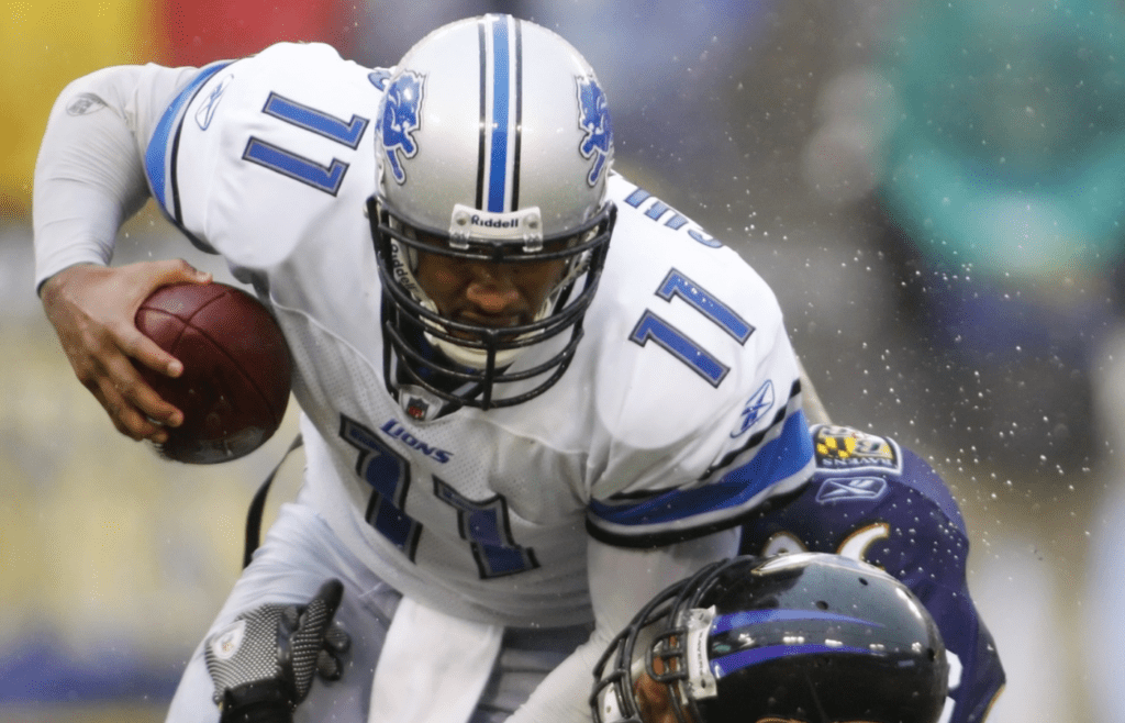 December 13, 2009; Baltimore, MD, USA; Detroit Lions quarterback Daunte Culpepper (11) is sacked by Baltimore Ravens linebacker Antwan Barnes (50) in the second quarter at M & T Bank Stadium. Mandatory Credit: Geoff Burke-Imagn Images