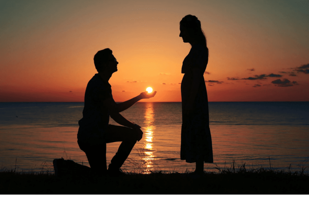 A couple reflecting while looking at a sunset or skyline
