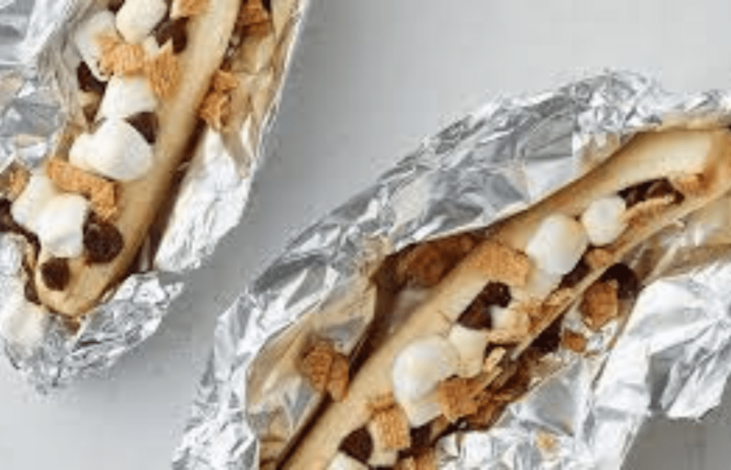 Bananas filled with marshmallows and chocolate, wrapped in foil