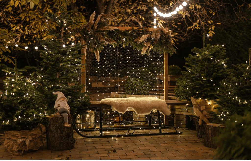 String lights crisscrossing over a backyard patio