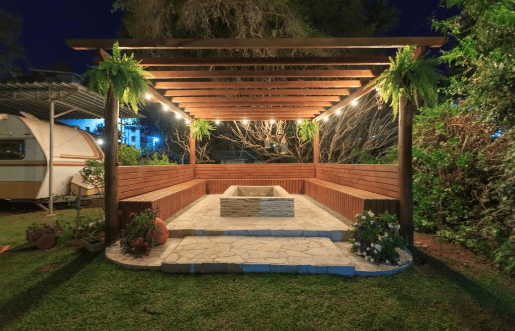 Battery-powered fairy lights draped over a pergola