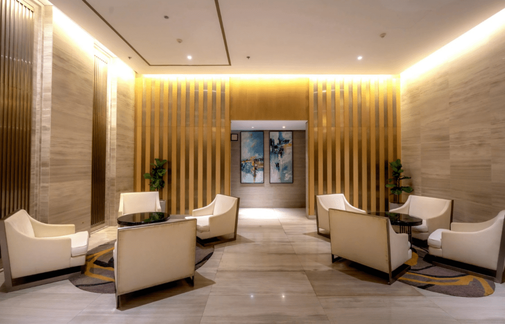 A cozy, stylish boutique hotel lobby