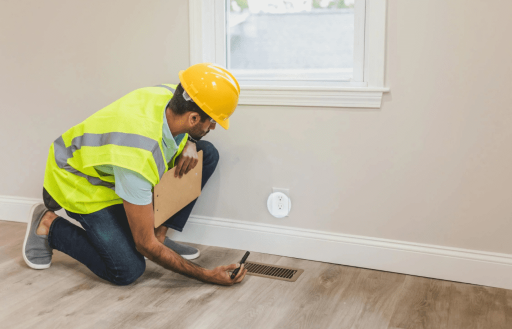 A person inspecting the side of a house