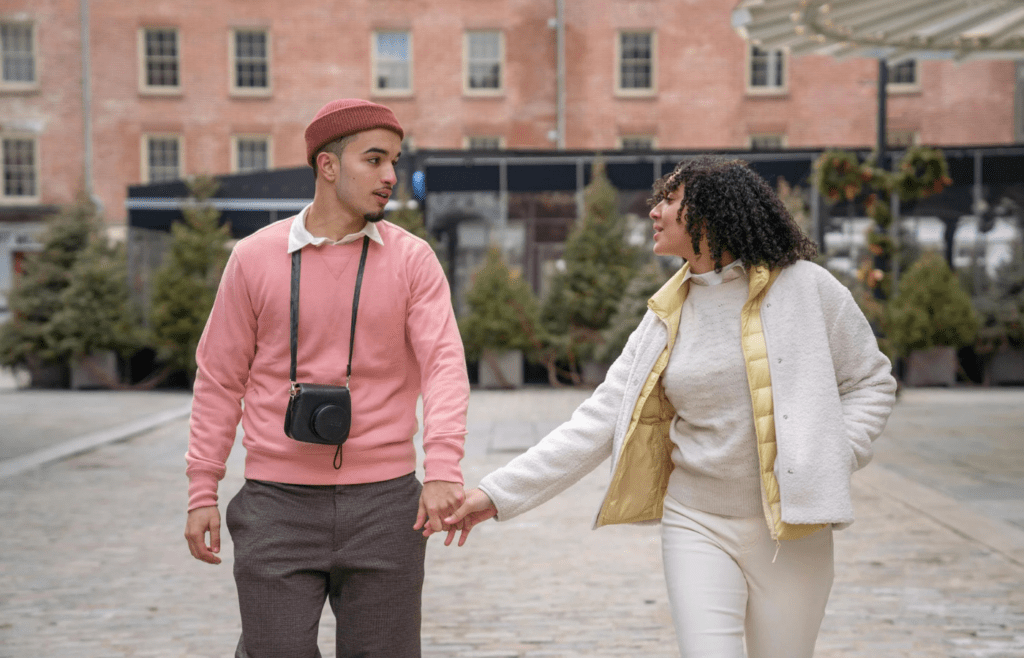 A couple enjoying a walk or simple dinner together