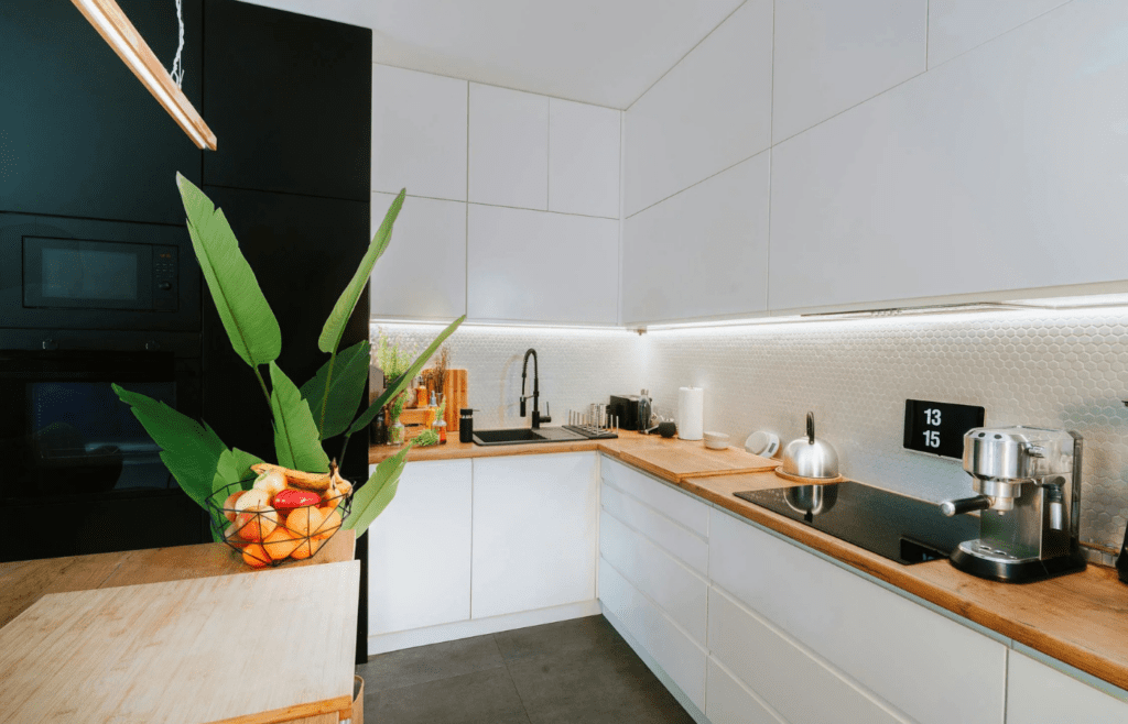 A small rental kitchen with basic appliances