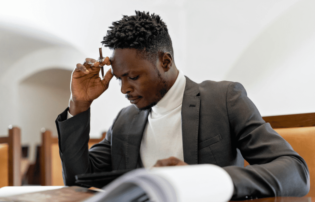 A person sitting at a desk looking restless