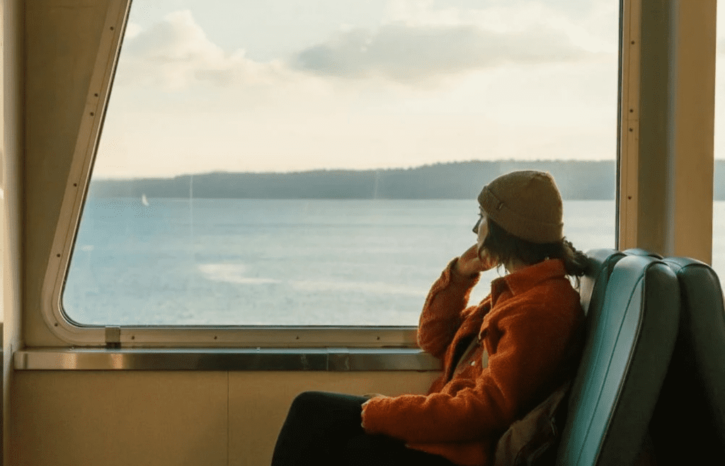A person sitting inside by a window, looking out