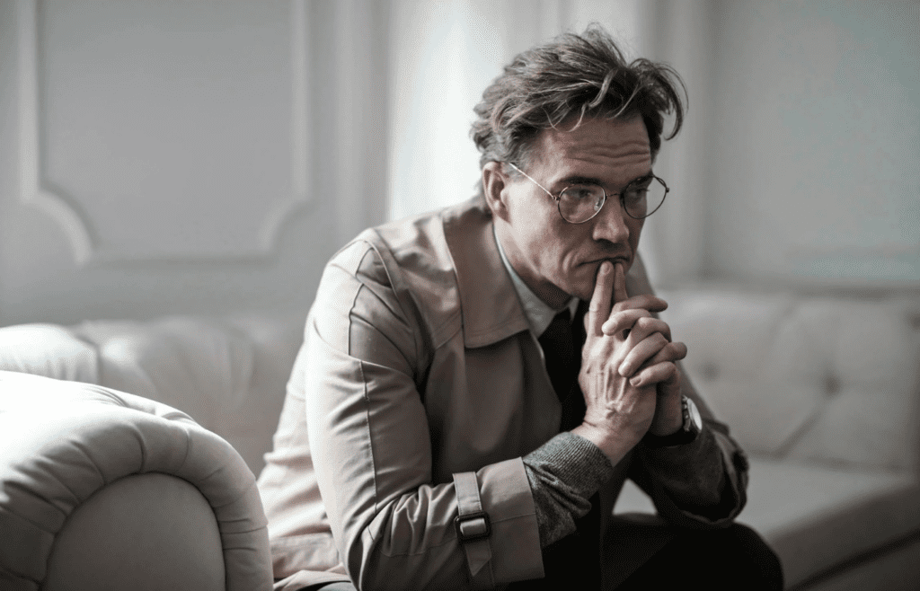 A person focusing intently in a quiet room