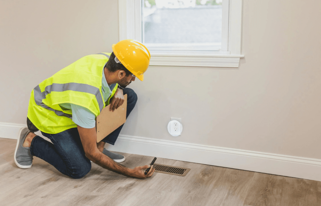 A person inspecting the foundation of a home