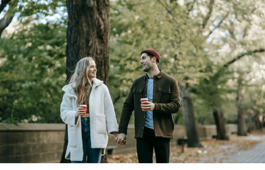 A couple reconnecting over coffee or a walk