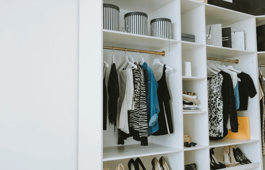 A closet stuffed with near-identical clothes or shoes