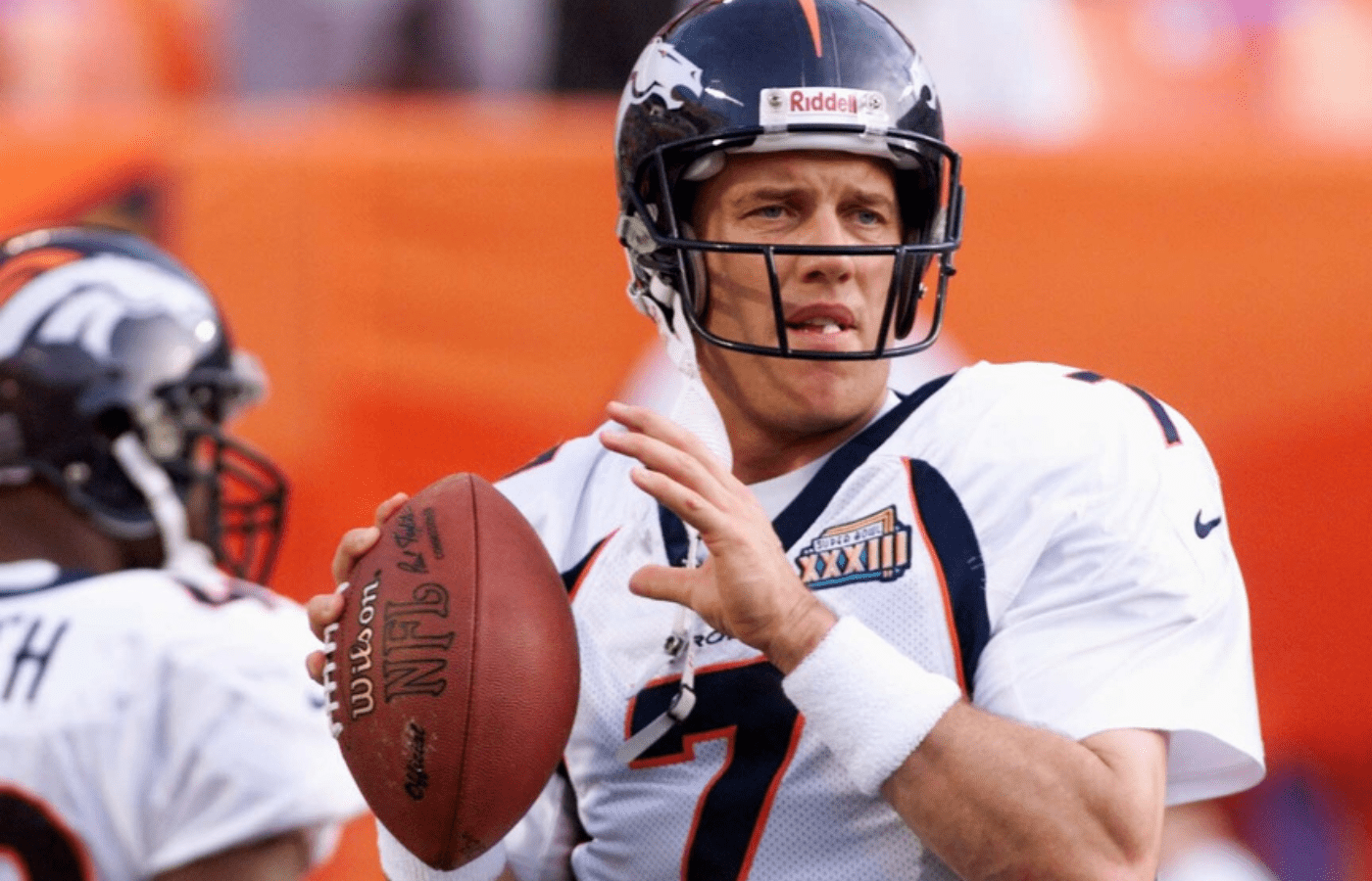 John Elway warms up before the Super Bowl against the Atlanta Falcons in Miami on Jan. 31, 1999.