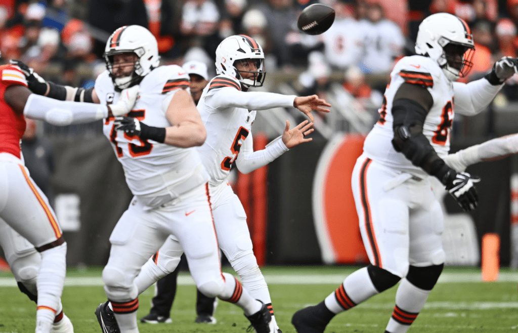 Dec 15, 2024; Cleveland, Ohio, USA; Cleveland Browns quarterback Jameis Winston (5) throws a pass during the first quarter against the Kansas City Chiefs at Huntington Bank Field. Mandatory Credit: Ken Blaze-Imagn Images