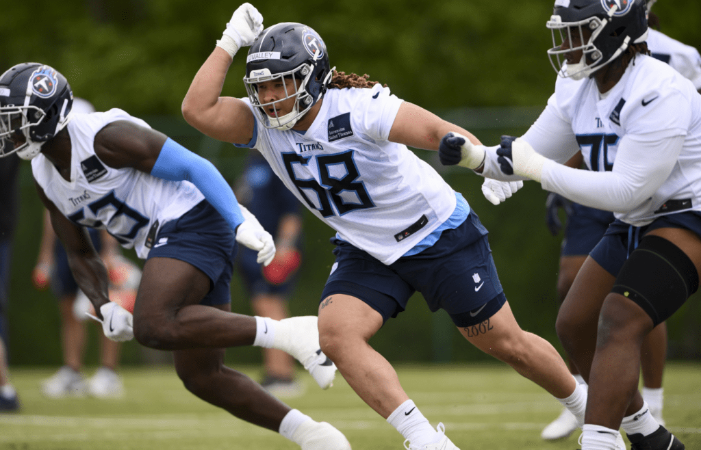 May 10, 2025; Nashville, TN, USA; Tennessee Titans defensive tackle Devonte O’ Malley (68) goes through drills during Rookie Mini Camp at Saint Thomas Sports Park. Mandatory Credit: Steve Roberts-Imagn Images