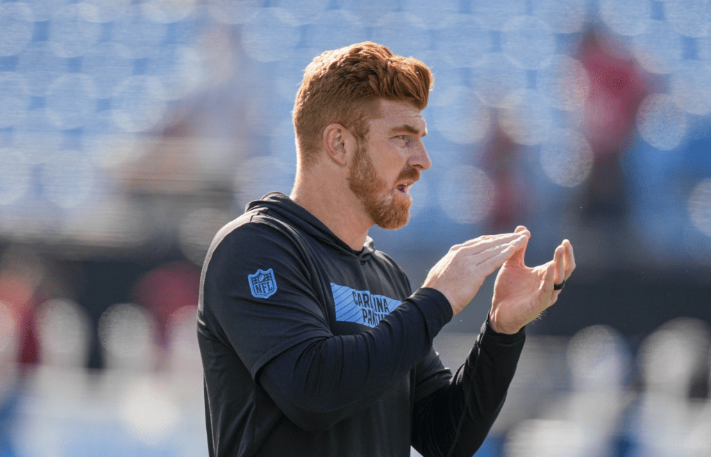 Nov 24, 2024; Charlotte, North Carolina, USA; Carolina Panthers quarterback Andy Dalton (14) during pregame warmups against the Kansas City Chiefs at Bank of America Stadium. Mandatory Credit: Jim Dedmon-Imagn Images