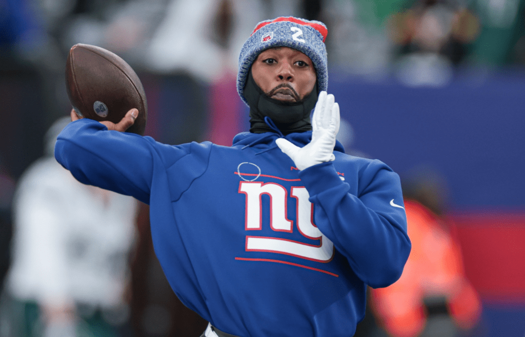 Jan 7, 2024; East Rutherford, New Jersey, USA; New York Giants quarterback Tyrod Taylor (2) warms up before the game against the Philadelphia Eagles at MetLife Stadium. Mandatory Credit: Vincent Carchietta-Imagn Images