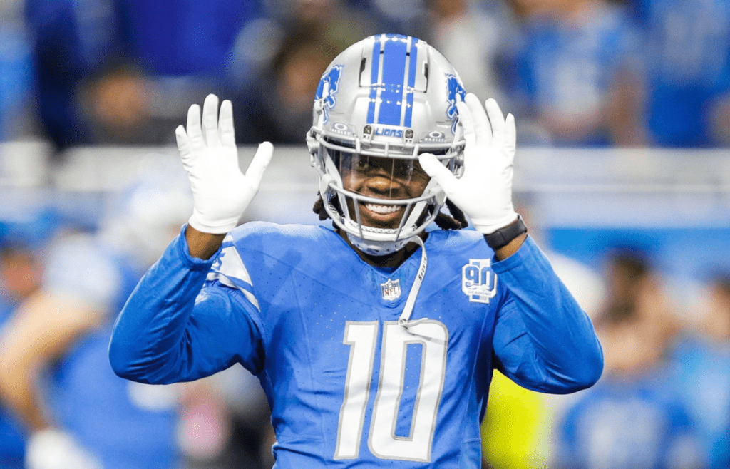 Detroit Lions quarterback Teddy Bridgewater waves to fans during warmups before the Denver Broncos game at Ford Field in Detroit on Saturday, Dec. 16, 2023.