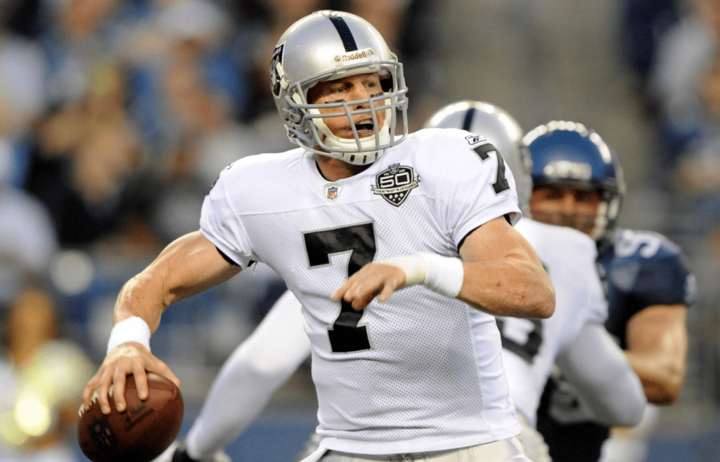 Sep 3, 2009; Seattle, WA, USA; Oakland Raiders quarterback Jeff Garcia (7) throws a pass during the game against the Seattle Seahawks at Qwest Field. Mandatory Credit: Kirby Lee/Image of Sport-Imagn Images