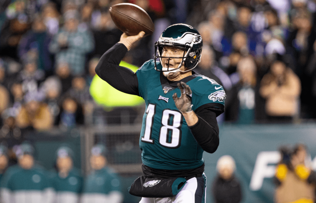 Jan 5, 2020; Philadelphia, Pennsylvania, USA; Philadelphia Eagles quarterback Josh McCown (18) passes the ball against the Seattle Seahawks during the second quarter in a NFC Wild Card playoff football game at Lincoln Financial Field. Mandatory Credit: Bill Streicher-Imagn Images