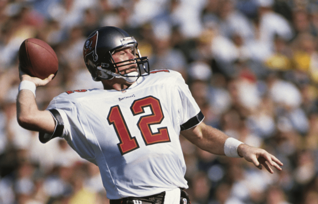 Oct 5, 1997; Green Bay, WI, USA; FILE PHOTO; Tampa Bay Buccaneers quarterback Trent Dilfer (12) in action against the Green Bay Packers at Lambeau Field. Mandatory Credit: Peter Brouillet-USA TODAY NETWORK
