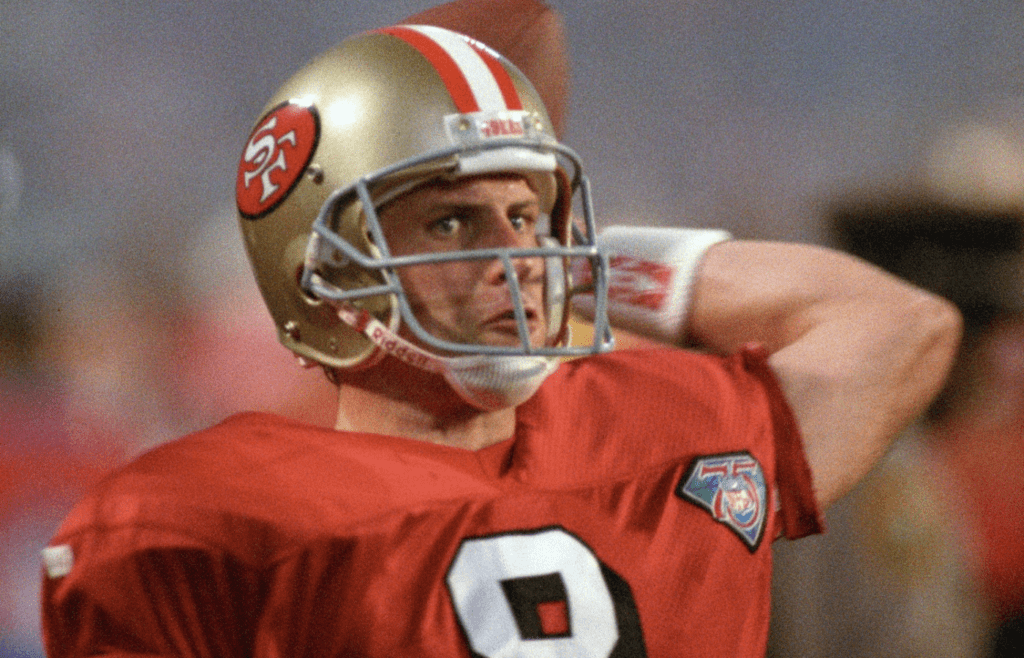 Jan 29, 1995; Miami, FL, USA; FILE PHOTO; San Francisco 49ers quarterback Steve Young (8) throws a pass during warm-ups after halftime for the game against the San Diego Chargers during Super Bowl XXIX at the Joe Robbie Stadium. The 49ers beat the Chargers 49-26. Mandatory Credit: Matthew Emmons-Imagn Images