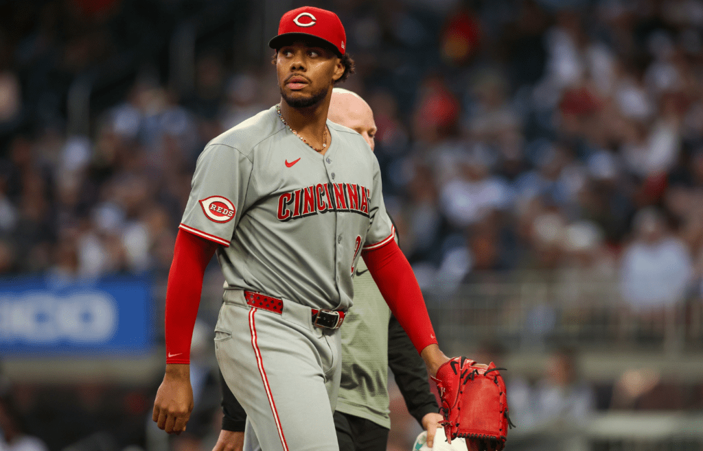 May 7, 2025; Atlanta, Georgia, USA; Cincinnati Reds starting pitcher Hunter Greene (21) leaves the game with an injury against the Atlanta Braves in the fourth inning at Truist Park. Mandatory Credit: Brett Davis-Imagn Images