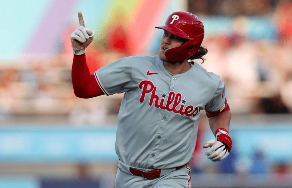 May 6, 2025; Tampa, Florida, USA; Philadelphia Phillies third baseman Alec Bohm (28) runs the bases after hitting a two run home run against the Tampa Bay Rays in the second inning at George M. Steinbrenner Field. Mandatory Credit: Nathan Ray Seebeck-Imagn Images