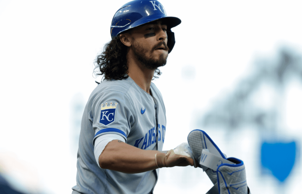 May 19, 2025; San Francisco, California, USA; Kansas City Royals third baseman Jonathan India (6) draws a walk during the third inning against the San Francisco Giants t Oracle Park. Mandatory Credit: Sergio Estrada-Imagn Images