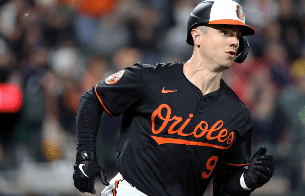 Apr 2, 2025; Baltimore, Maryland, USA; Baltimore Orioles outfielder Tyler O'Neill (9) runs to first base during the sixth inning against the Boston Red Sox at Oriole Park at Camden Yards. Mandatory Credit: Daniel Kucin Jr.-Imagn Images