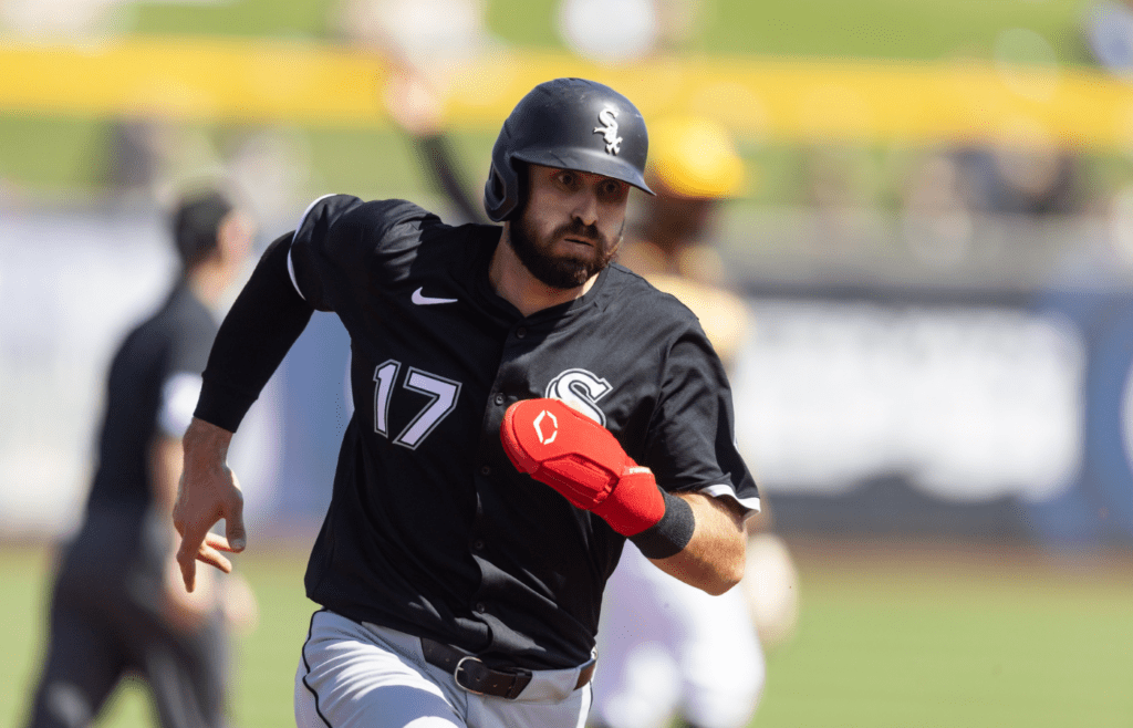 Mar 11, 2025; Peoria, Arizona, USA; Chicago White Sox infielder Joey Gallo against the San Diego Padres during a spring training game at Peoria Sports Complex. Mandatory Credit: Mark J. Rebilas-Imagn Images