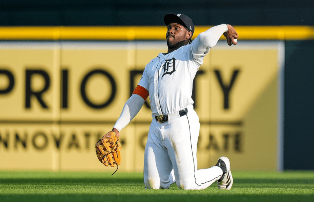Detroit Tigers right fielder Akil Baddoo (60) dives to catch a fly out against Boston Red Sox during the second inning at Comerica Park in Detroit on Wednesday, May 14, 2025.