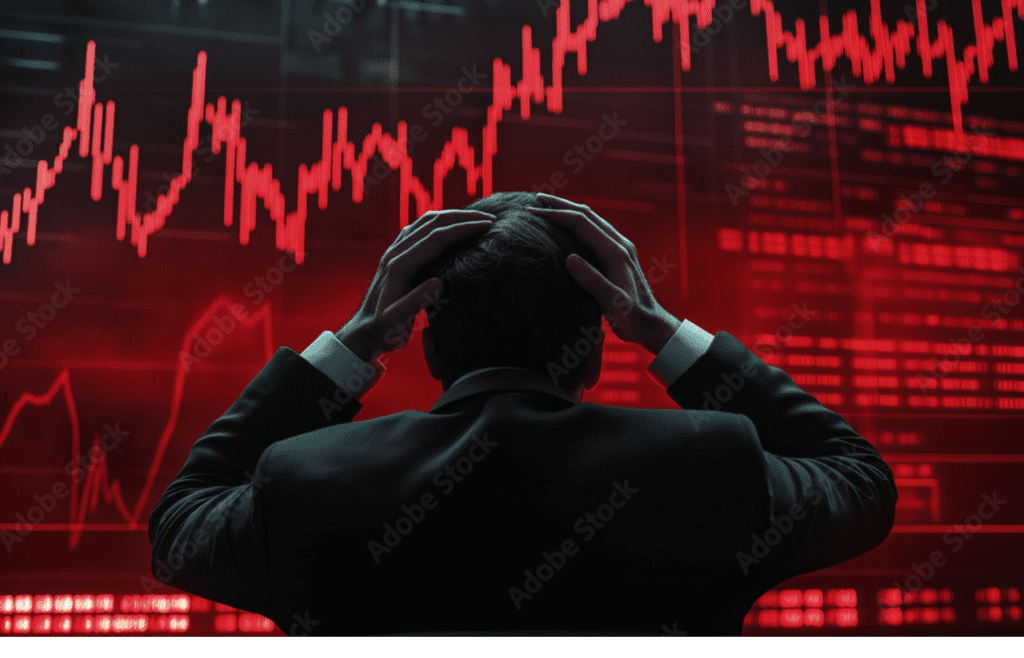 A person staring at a red stock chart on a computer screen