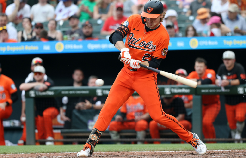 May 17, 2025; Baltimore, Maryland, USA; Baltimore Orioles shortstop Gunnar Henderson (2) hits a single during the eighth inning against the Washington Nationals at Oriole Park at Camden Yards. Mandatory Credit: Daniel Kucin Jr.-Imagn Images
