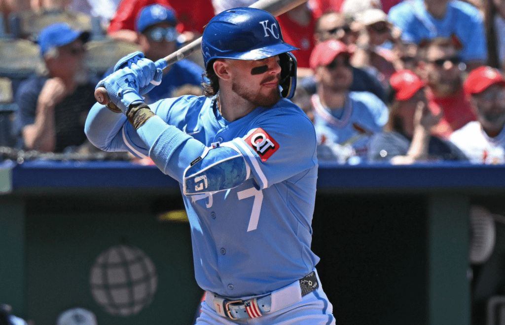 May 18, 2025; Kansas City, Missouri, USA; Kansas City Royals shortstop Bobby Witt Jr. (7) at bat in the fourth inning against the St. Louis Cardinals at Kauffman Stadium. Mandatory Credit: Peter Aiken-Imagn Images