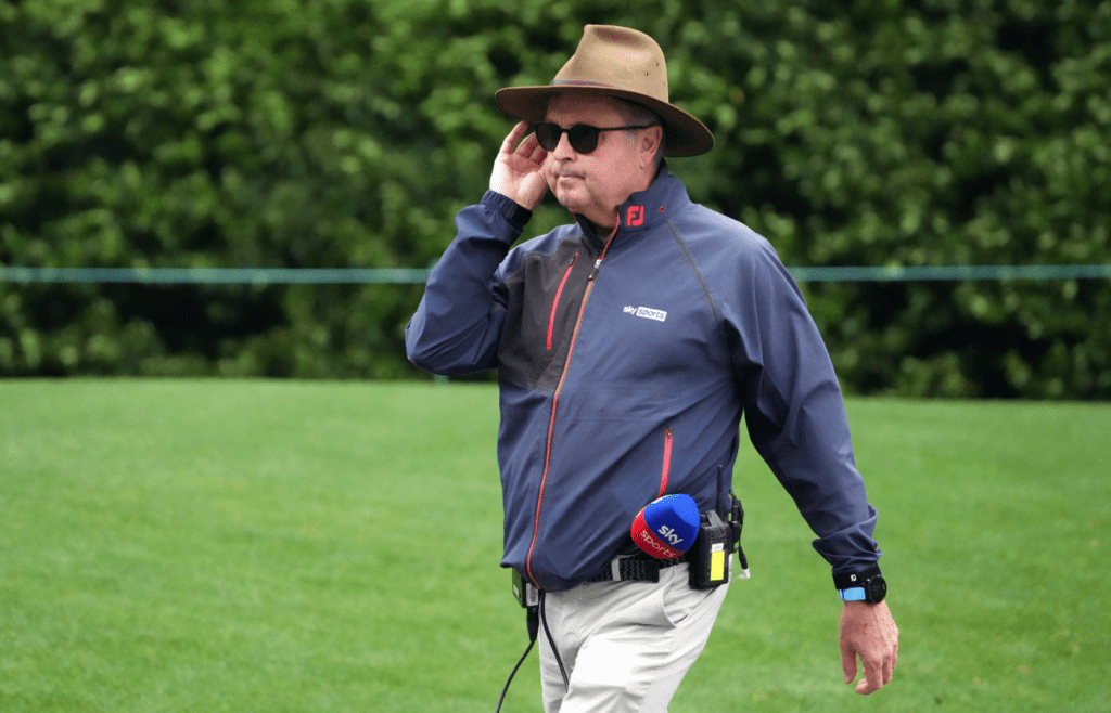 Apr 11, 2024; Augusta, Georgia, USA; Sky sports golf commentator Wayne Riley walks the fourth hole during the first round of the Masters Tournament. Mandatory Credit: Kyle Terada-Imagn Images