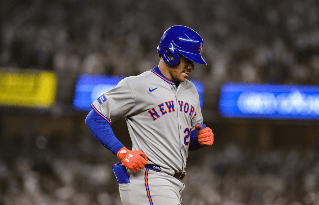 May 16, 2025; Bronx, New York, USA; New York Mets outfielder Juan Soto (22) reacts after grounding out against the New York Yankees during the seventh inning at Yankee Stadium. Mandatory Credit: John Jones-Imagn Images