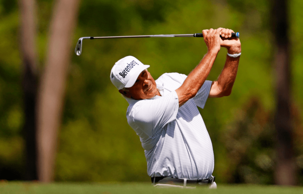 Apr 11, 2025; Augusta, Georgia, USA; Fred Couples plays from the fairway on the 12th green during the second round of the Masters Tournament at Augusta National Golf Club. Mandatory Credit: Peter Casey-Imagn Images