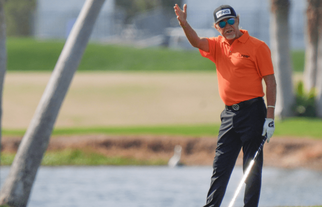 Miguel Ángel Jiménez talks to his ball after hitting an approach shot on the 18hole during the Galleri Classic at Mission Hills Country Club in Rancho Mirage, Calif., March 29, 2025.