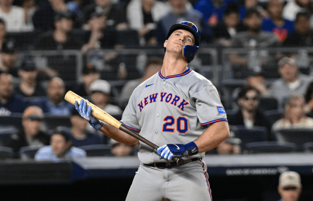 May 16, 2025; Bronx, New York, USA; New York Mets first baseman Pete Alonso (20) reacts after striking out against the New York Yankees during the eighth inning at Yankee Stadium. Mandatory Credit: John Jones-Imagn Images