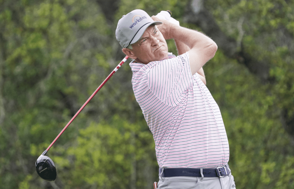 Mar 30, 2023; San Antonio, Texas, USA; Davis Love III plays his shot from the first tee during the first round of the Valero Texas Open golf tournament. Mandatory Credit: Raymond Carlin III-Imagn Images