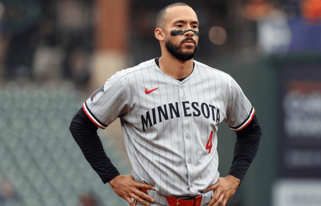 May 14, 2025; Baltimore, Maryland, USA; Minnesota Twins shortstop Carlos Correa (4) looks on during the eighth inning against the Baltimore Orioles at Oriole Park at Camden Yards. Mandatory Credit: Daniel Kucin Jr.-Imagn Images